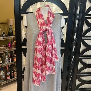 Charming Charlie Lightweight Tropical Palm Tree Pink 70” Long Scarf w/ Fringe.